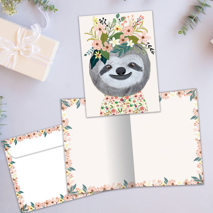Front and inside view of an All Occasion greeting card showcasing a happy sloth and flowers, with a matching envelope.