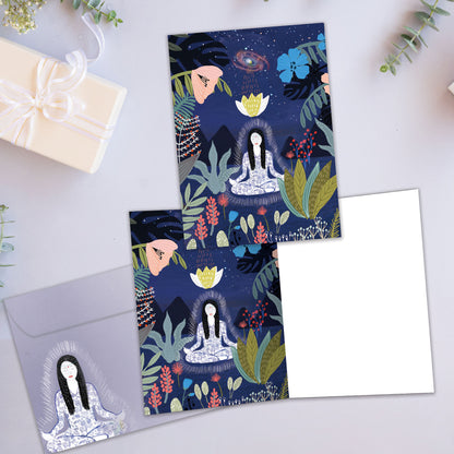 Front and inside view of an All Occasion greeting card showcasing a woman meditating in a garden under the stars, with a matching envelope.