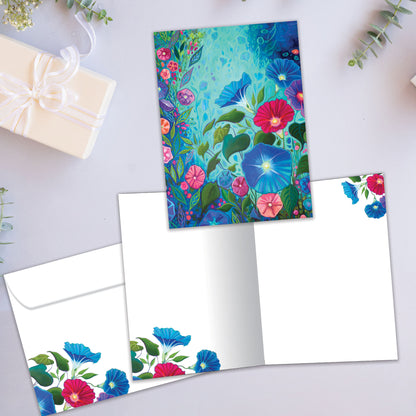 Front and inside view of an All Occasion greeting card showcasing beautiful flowers in rich, vibrant colours on the cover, with a matching envelope.