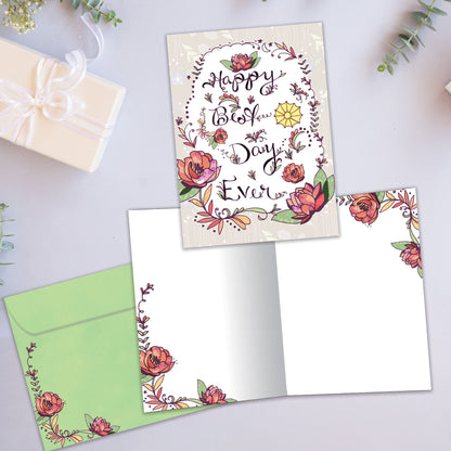 Front and inside view of an All Occasion greeting card with 'Happy best day ever' surrounded by an intricate floral design, with a matching envelope.