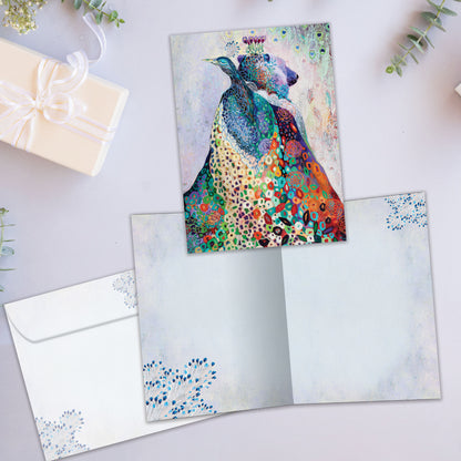 Front and inside view of an All Occasion greeting card featuring a peacock and bear illustration, plus a matching envelope.