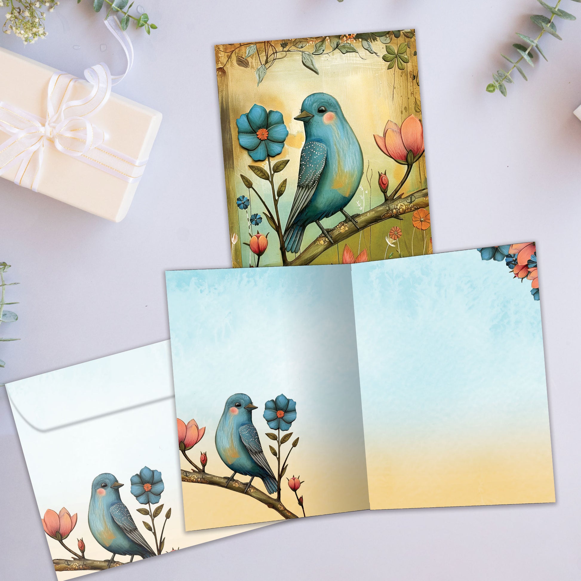 Front and inside view of an All Occasion greeting card featuring a bird and flowers illustration, plus a matching envelope.