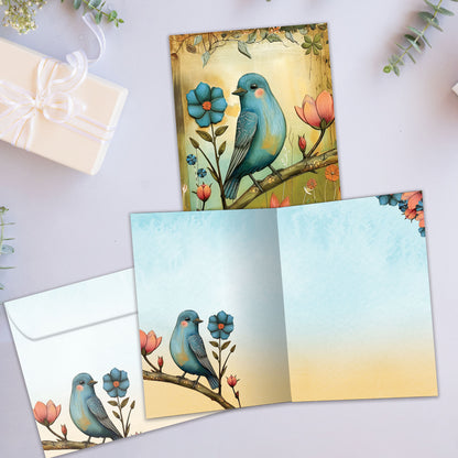 Front and inside view of an All Occasion greeting card featuring a bird and flowers illustration, plus a matching envelope.