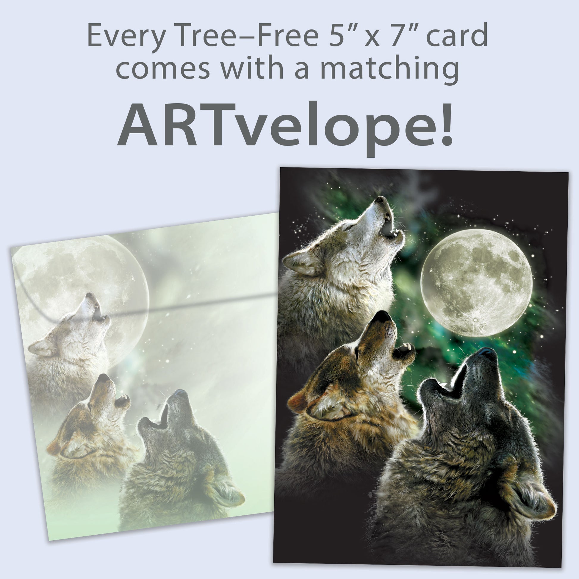 Front view of an All Occasion greeting card with three wolves howling at a full moon and matching envelope artwork, showcasing coordinated design details.