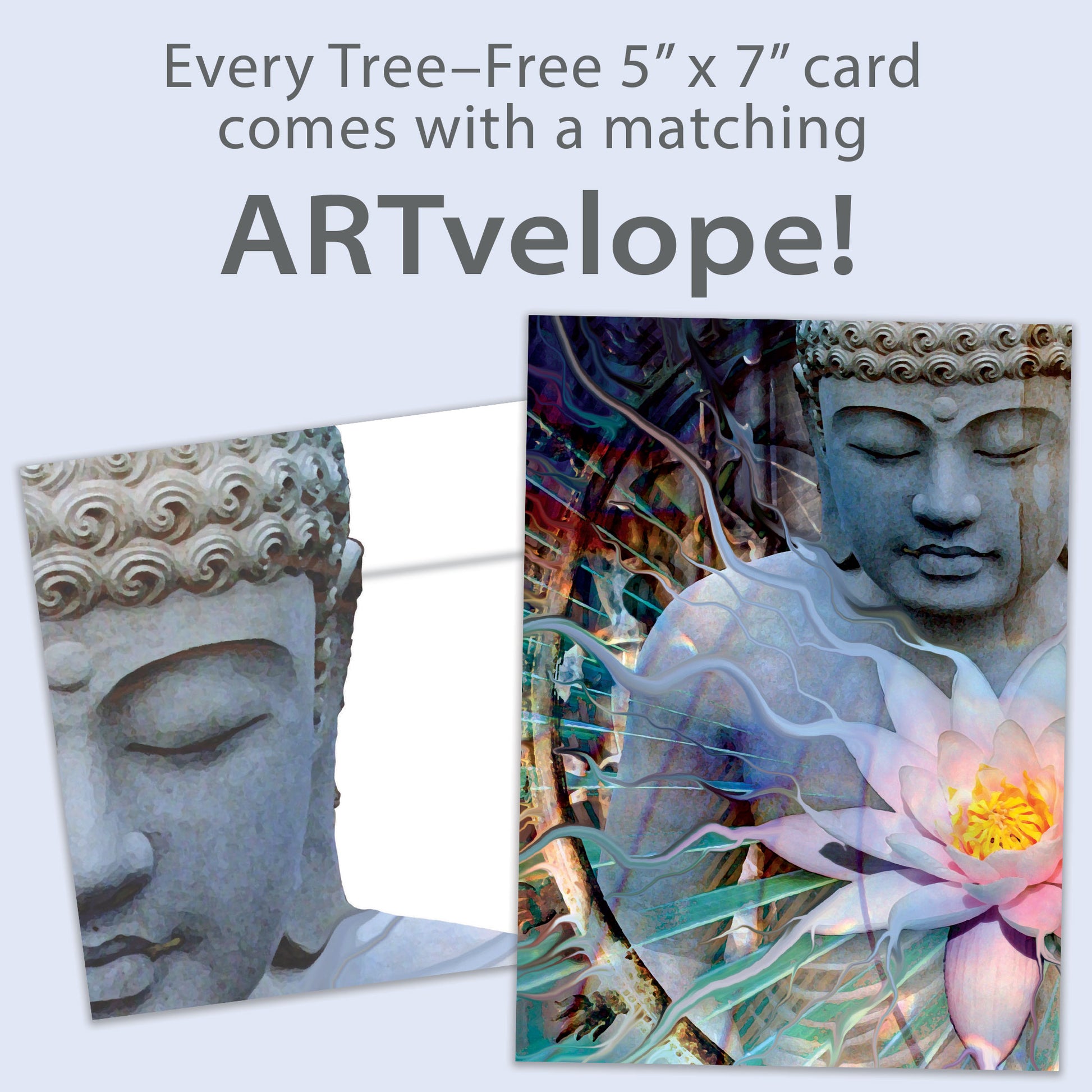 Front view of an All Occasion greeting card featuring a Buddha and a flower illustration, with matching envelope artwork and coordinated design details.
