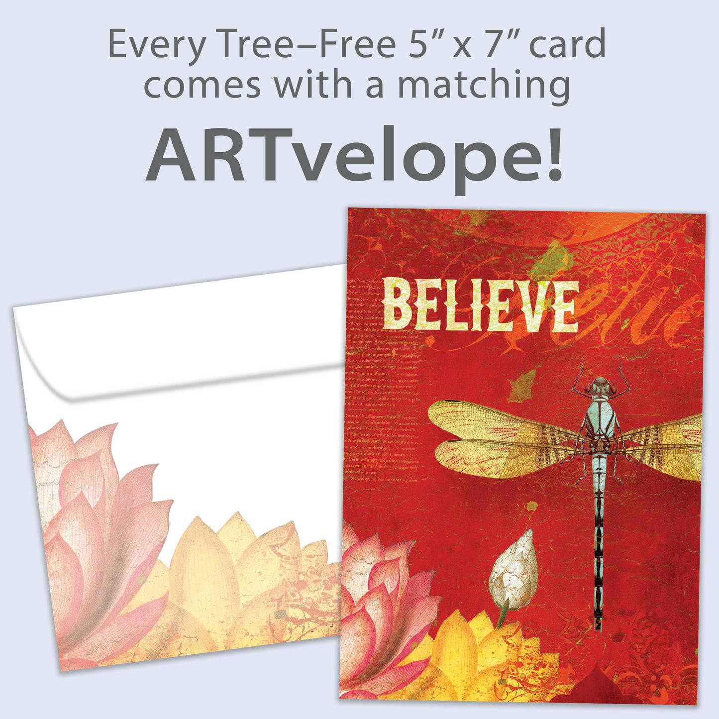 Front view of an All Occasion greeting card with a dragonfly and flowers design, featuring the word 'Believe' and matching envelope artwork.
