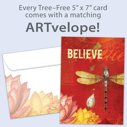 Front view of an All Occasion greeting card with a dragonfly and flowers design, featuring the word 'Believe' and matching envelope artwork.