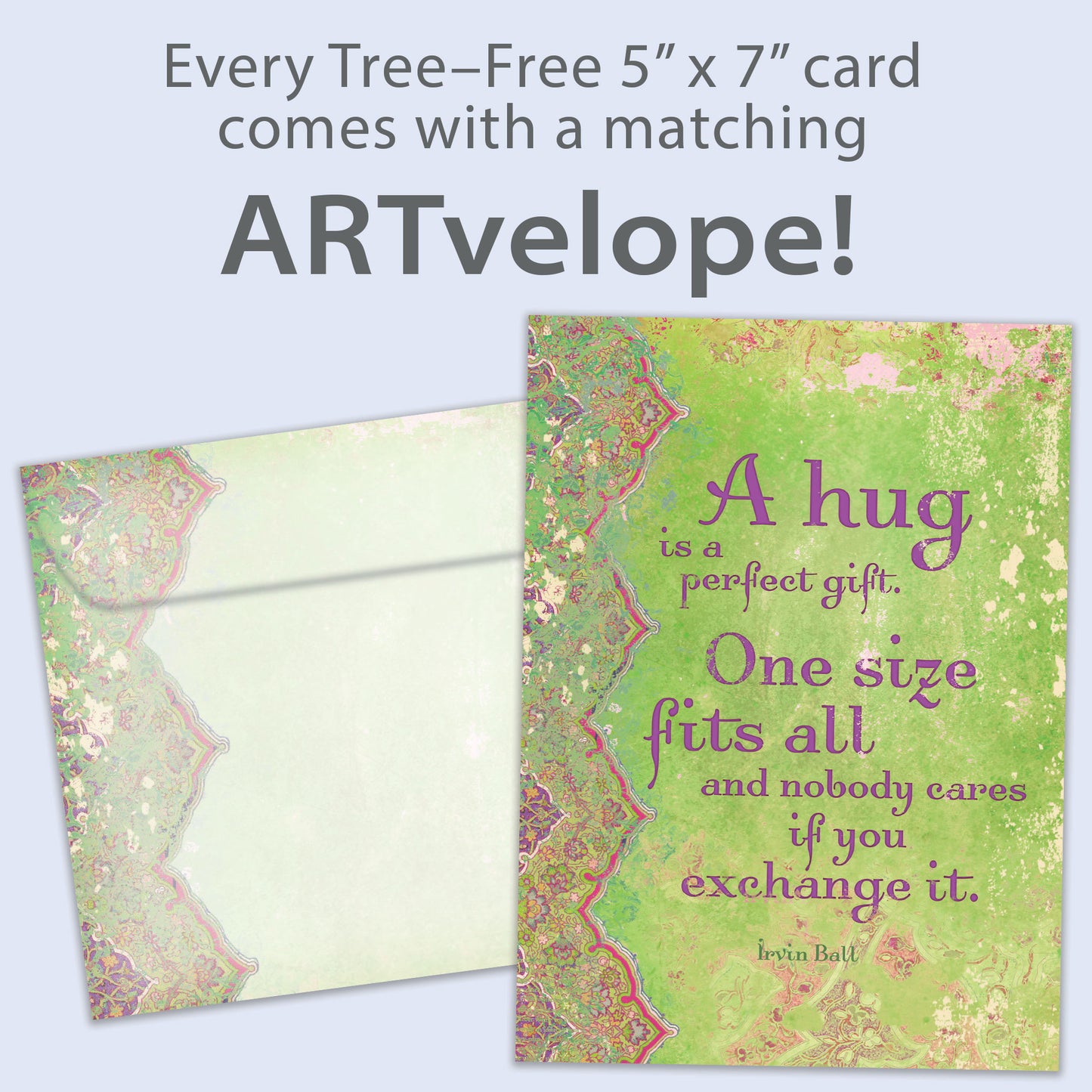 Front view of an All Occasion greeting card with an artistic design and a touching message about a hug, featuring matching envelope artwork.