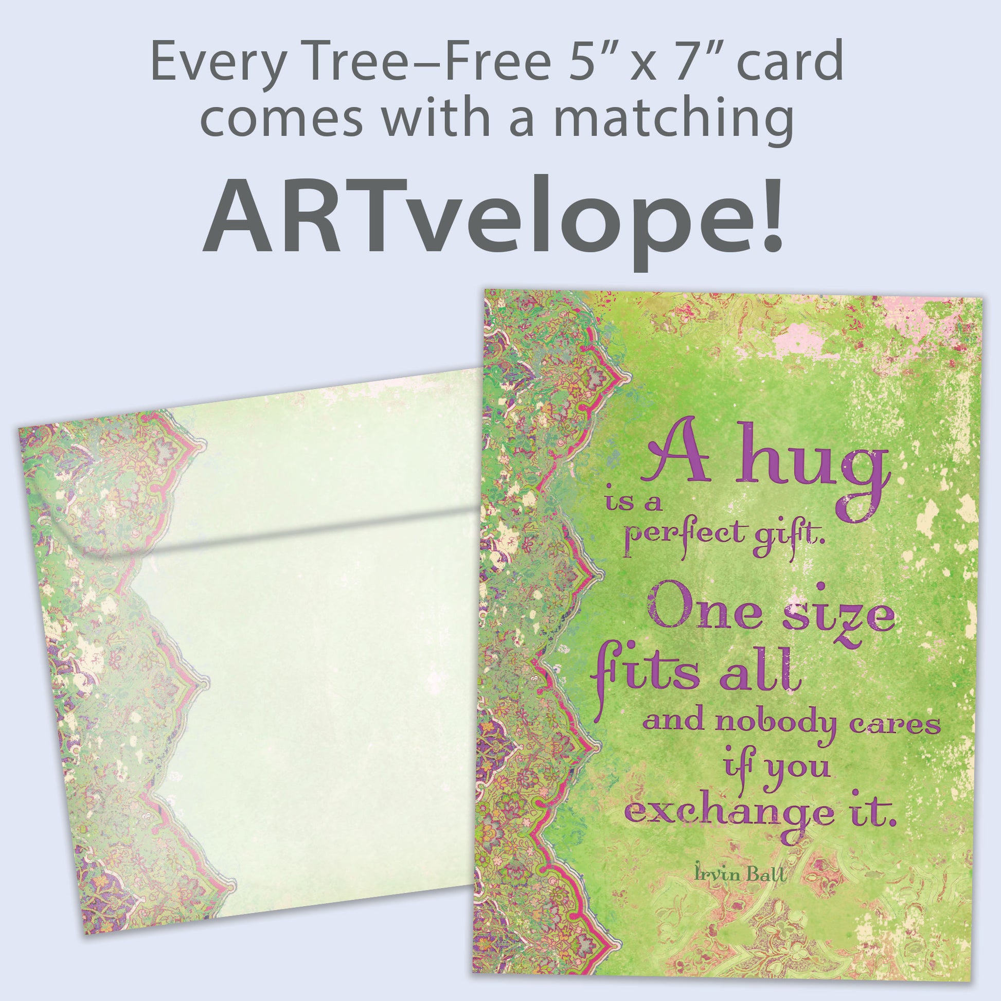 Front view of an All Occasion greeting card with an artistic design and a touching message about a hug, featuring matching envelope artwork.
