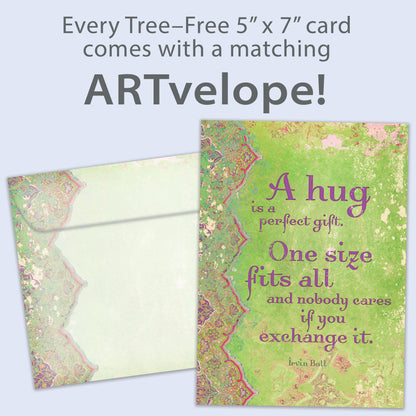 Front view of an All Occasion greeting card with an artistic design and a touching message about a hug, featuring matching envelope artwork.
