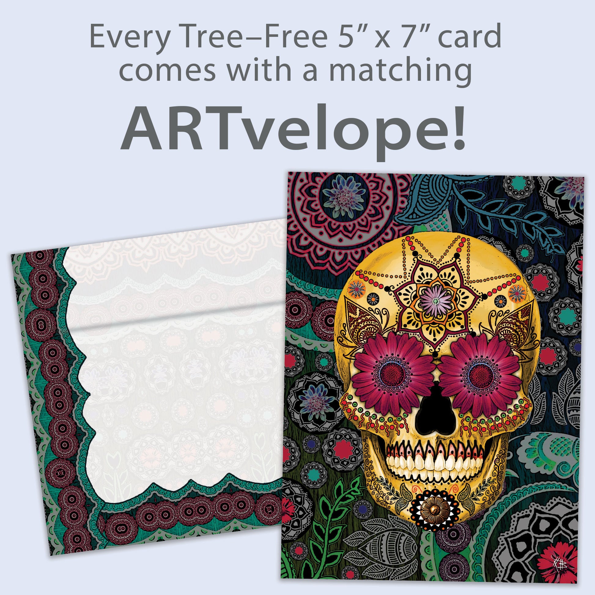 Front view of an All Occasion greeting card with a detailed skull and paisley illustration, featuring matching envelope artwork.