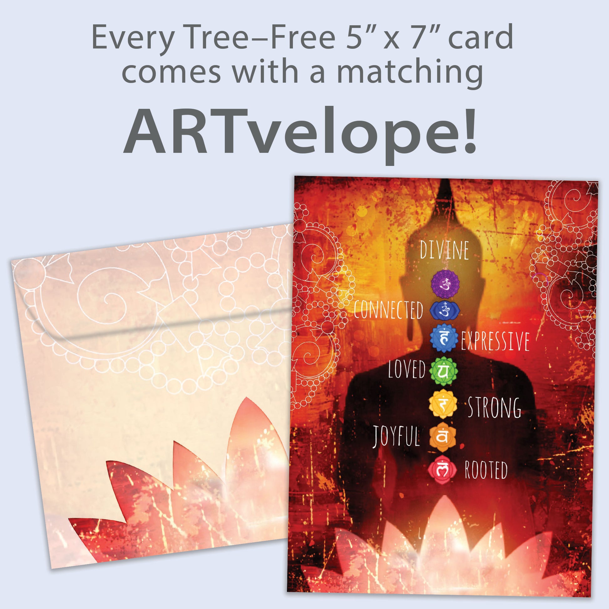 Front view of an All Occasion greeting card featuring detailed art and spiritual words like 'connected' and 'loved,' with matching envelope artwork.