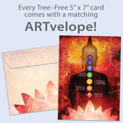 Front view of an All Occasion greeting card featuring detailed art and spiritual words like 'connected' and 'loved,' with matching envelope artwork.