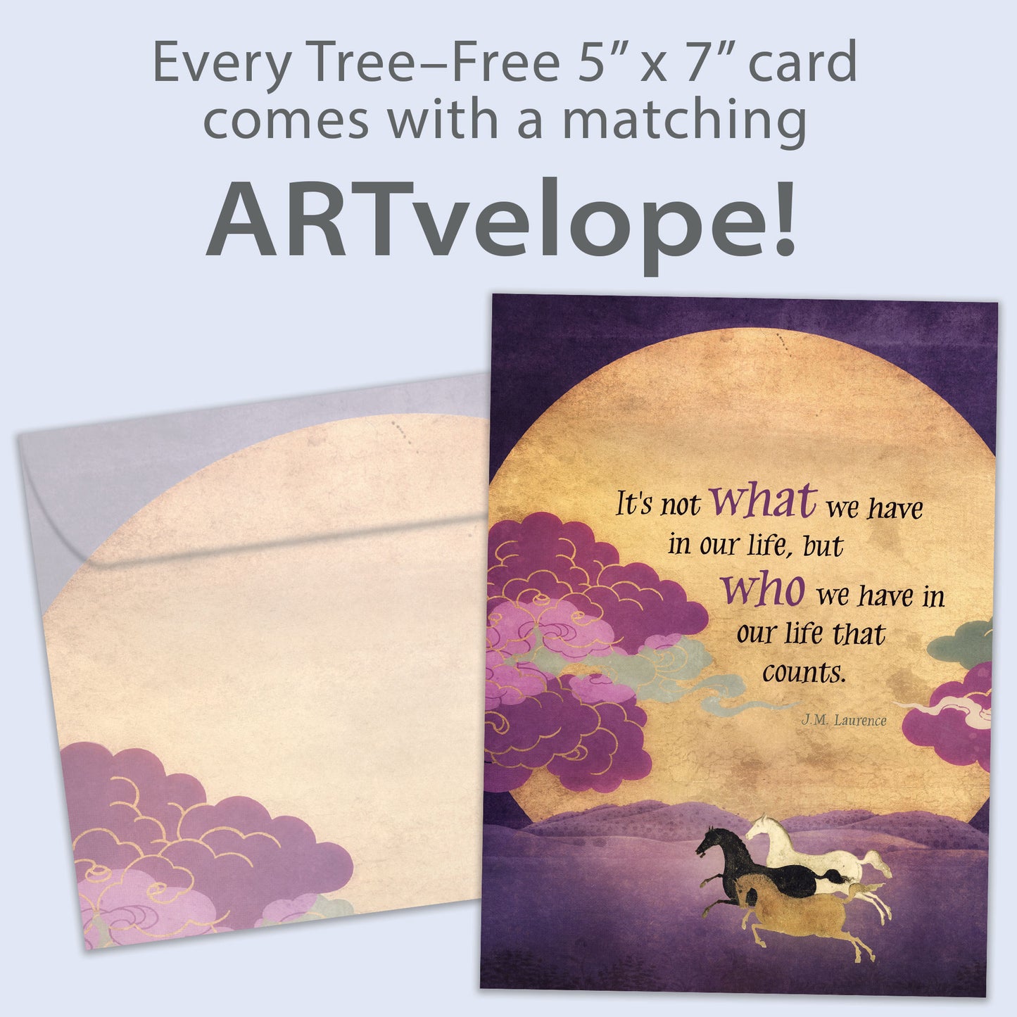 Front view of an All Occasion greeting card with horses running in front of the sun, featuring a message about valuing relationships and matching envelope artwork.