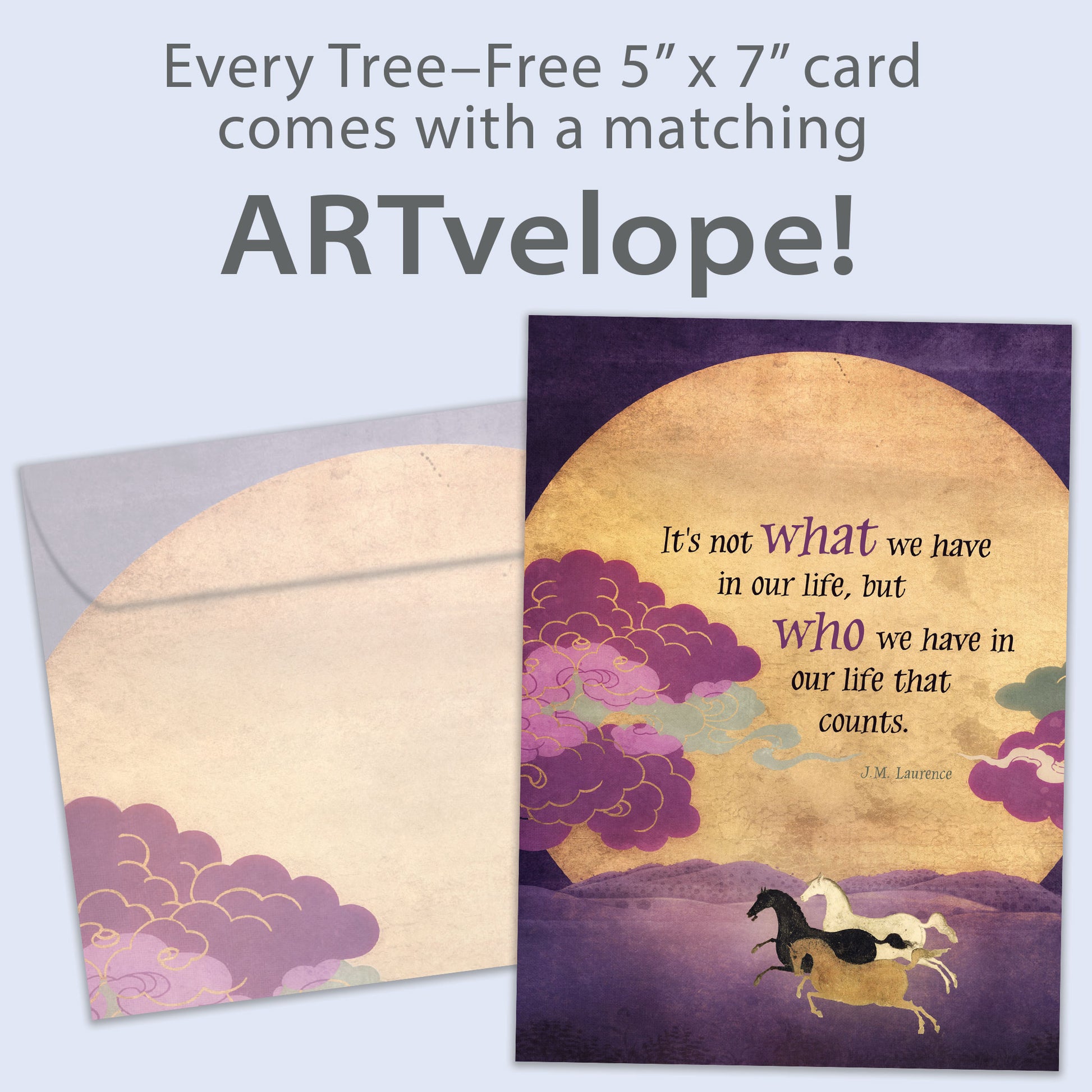 Front view of an All Occasion greeting card with horses running in front of the sun, featuring a message about valuing relationships and matching envelope artwork.