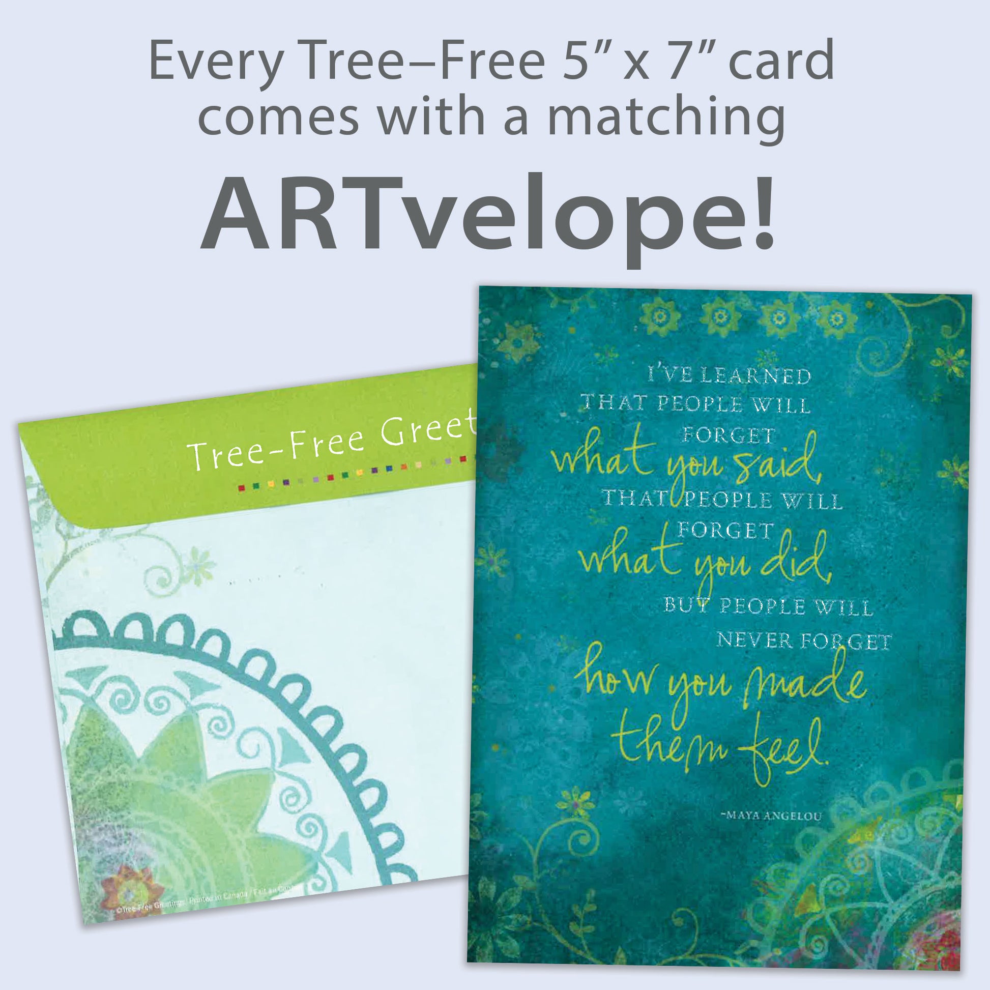 Front view of an All Occasion greeting card with detailed artwork and a message about being remembered for how you made them feel, featuring matching envelope artwork.