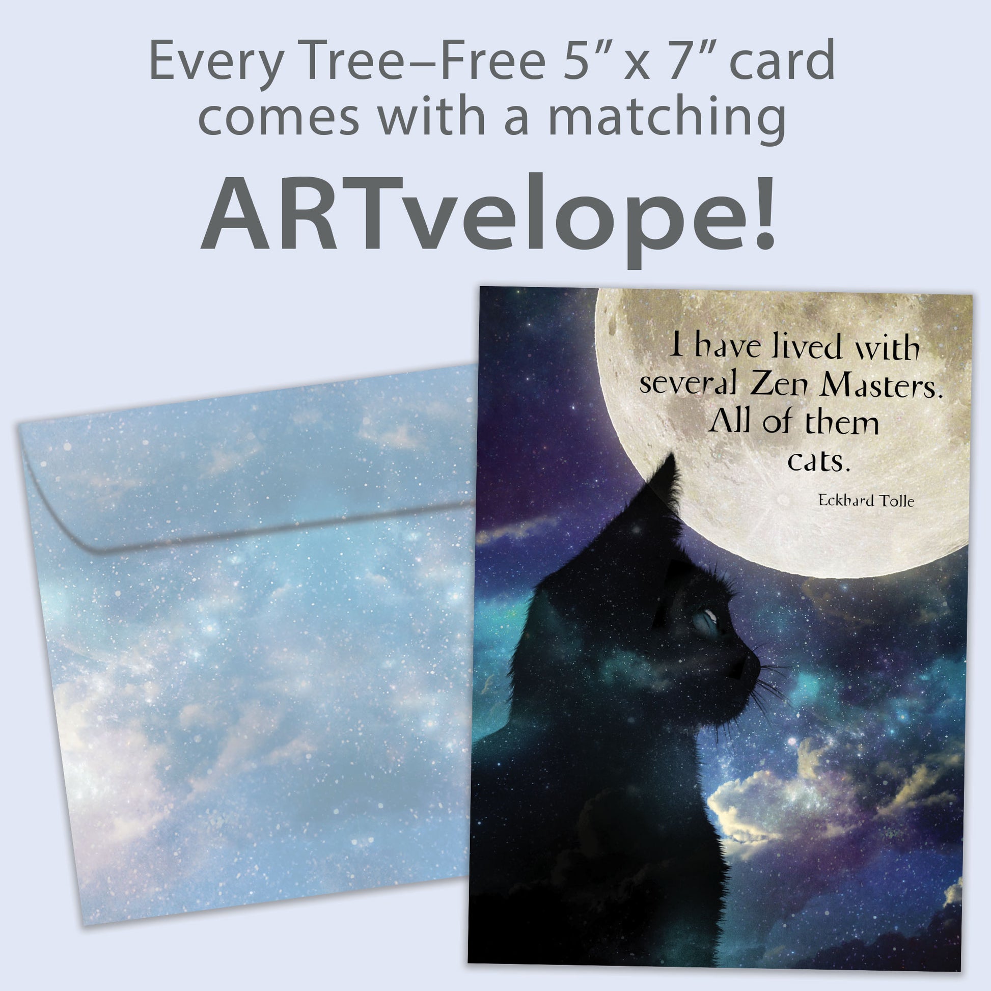 Front view of an All Occasion greeting card with a cat and moon illustration, featuring a quote about cats and matching envelope artwork.
