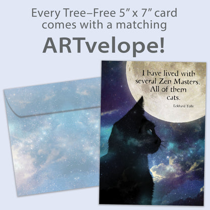 Front view of an All Occasion greeting card with a cat and moon illustration, featuring a quote about cats and matching envelope artwork.