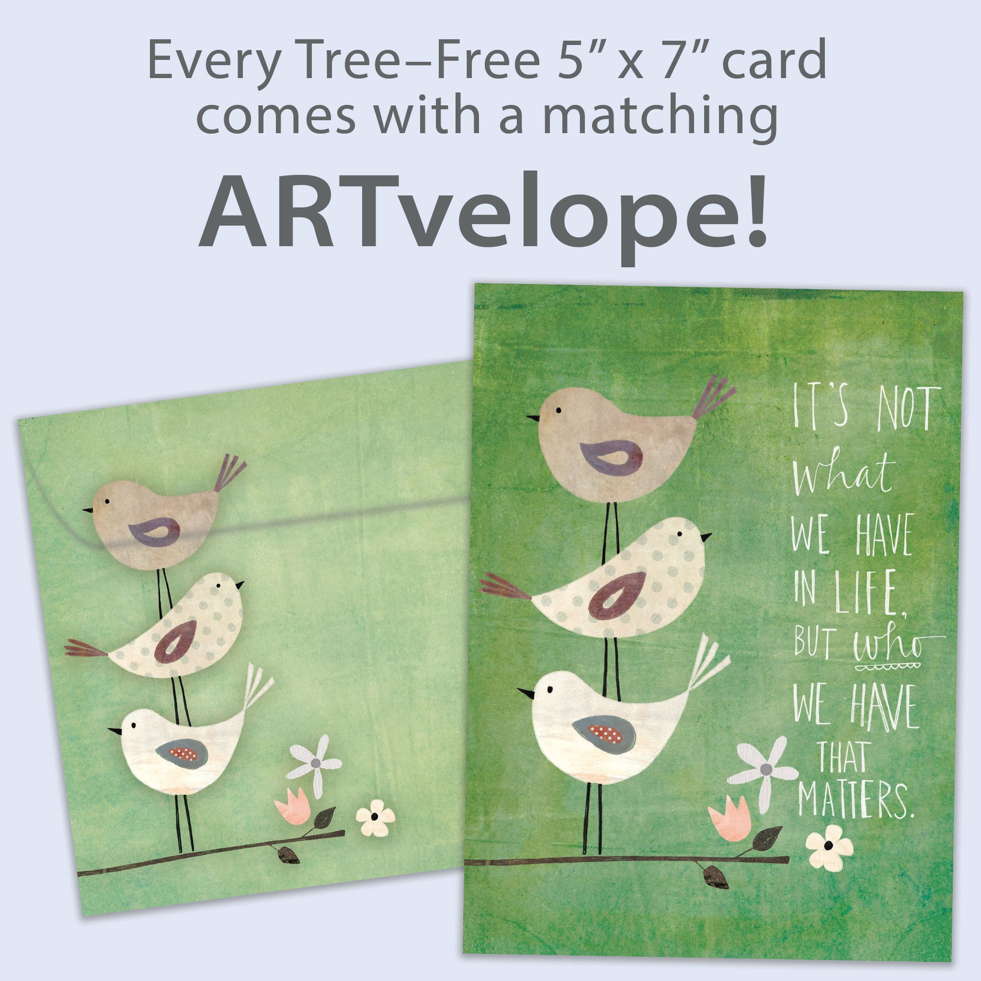 Front view of an All Occasion greeting card featuring birds on a branch and a message about the significance of those in our lives, with matching envelope artwork.