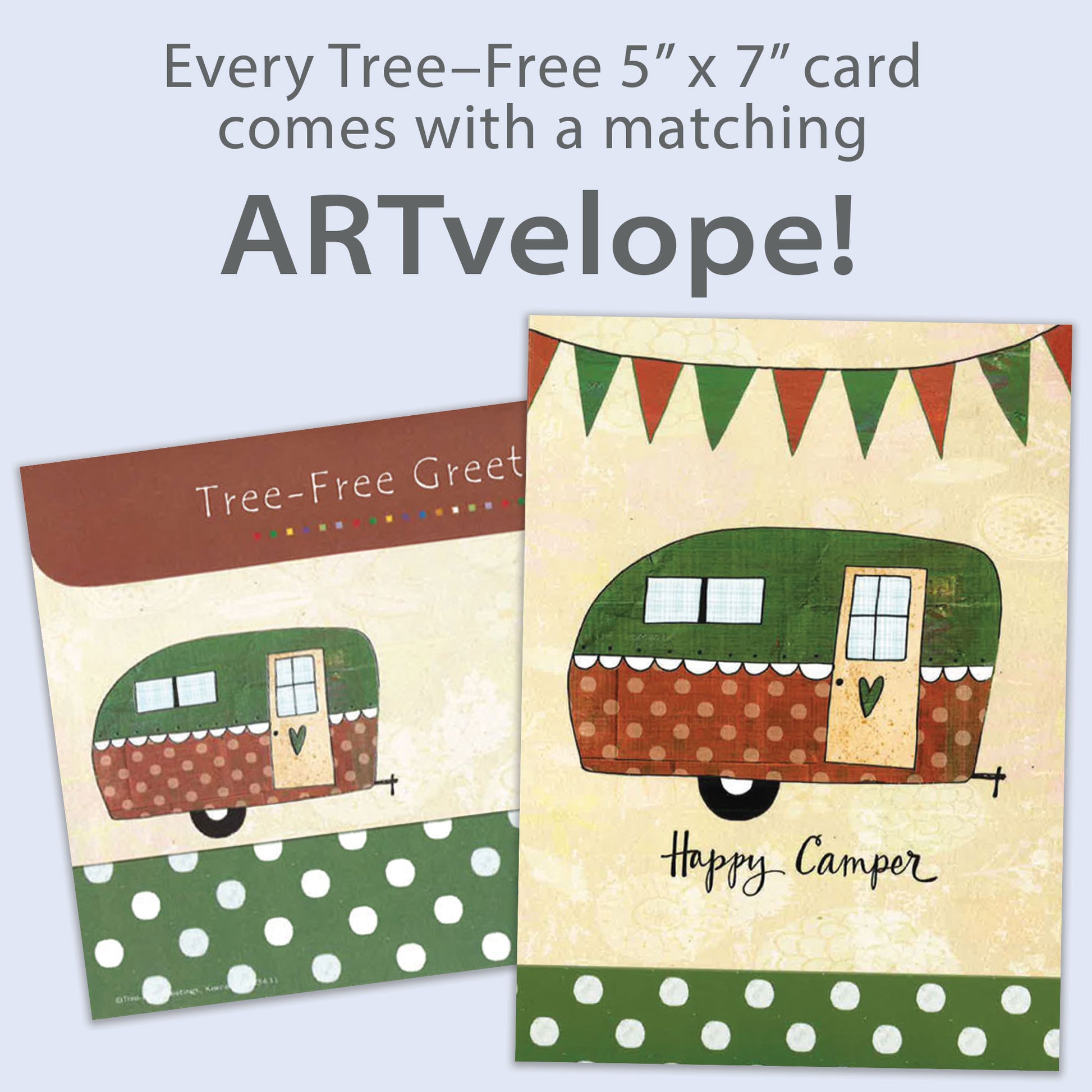 Front view of an All Occasion greeting card featuring a camper illustration with 'Happy Camper' text and matching envelope artwork that reflects the design.