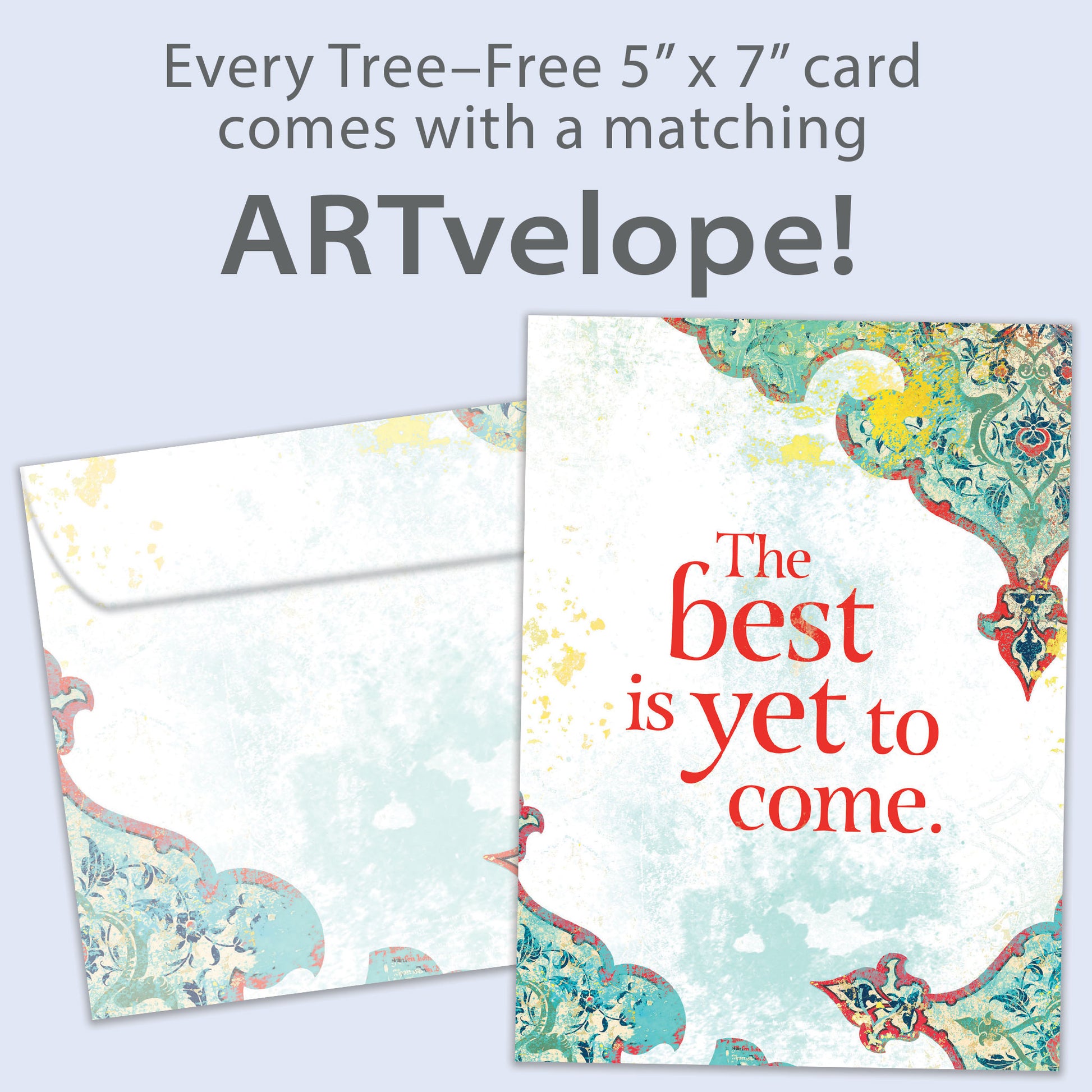 Front view of an All Occasion greeting card featuring an illustration and the phrase 'The Best Is Yet to Come,' with matching envelope artwork that reflects the design.