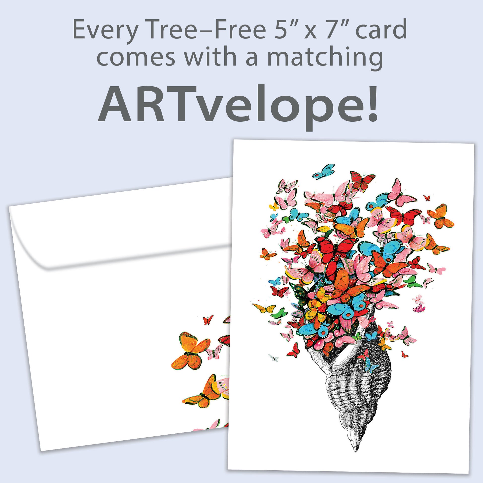Front view of an All Occasion greeting card featuring a shell with butterflies in a joyful design, with matching envelope artwork.