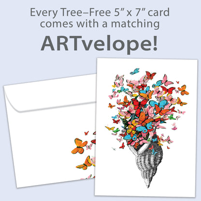Front view of an All Occasion greeting card featuring a shell with butterflies in a joyful design, with matching envelope artwork.