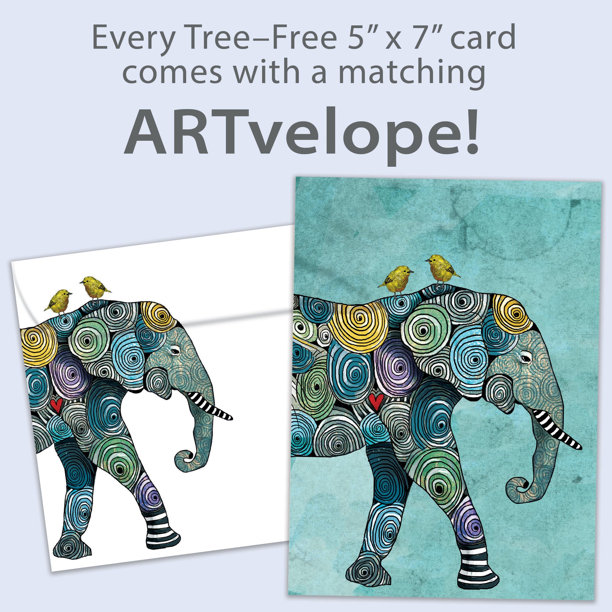 Front view of an All Occasion greeting card featuring a colourful elephant in a bold design, with matching envelope artwork.