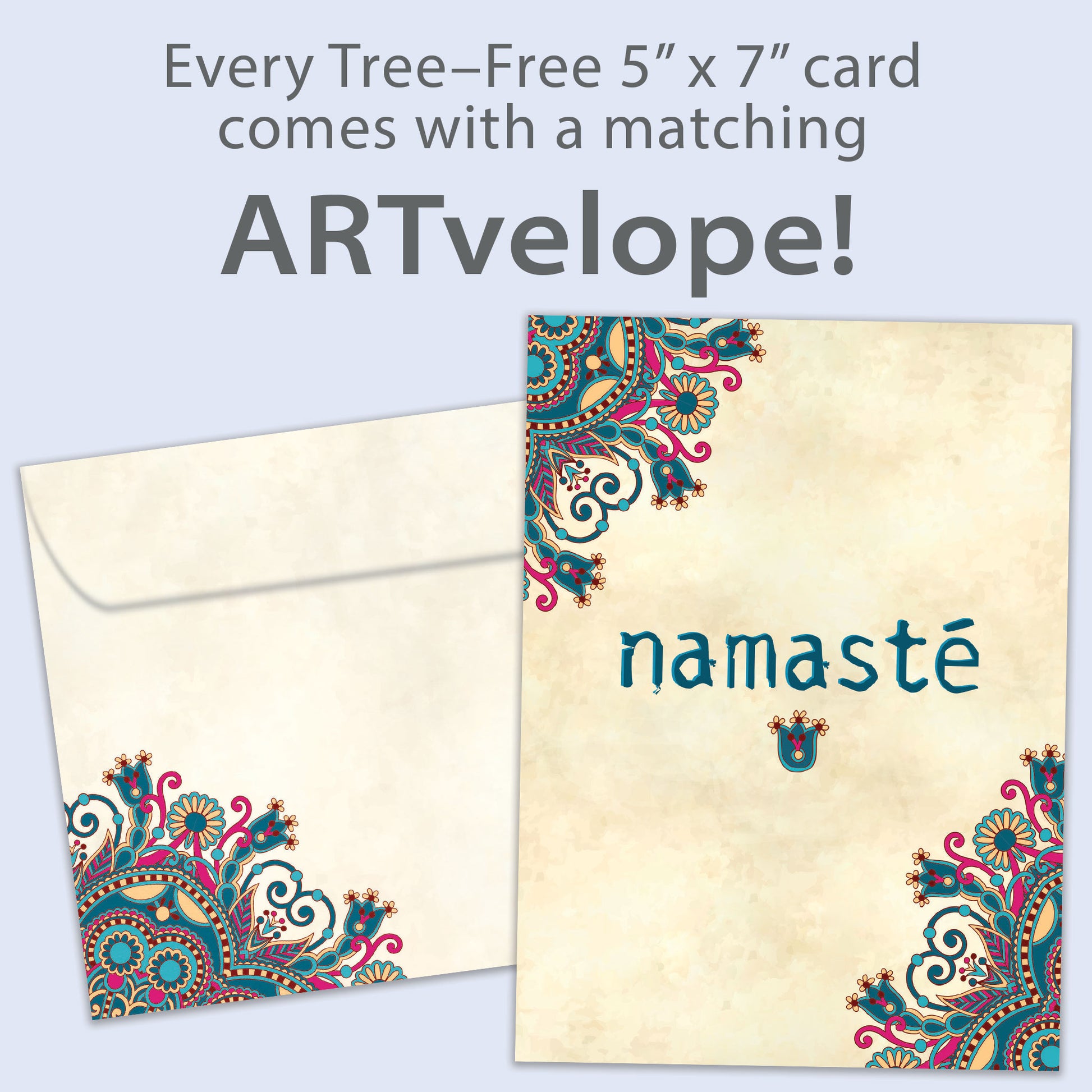 Front view of an All Occasion greeting card featuring 'Namaste' with detailed mandala artwork, with matching envelope artwork.