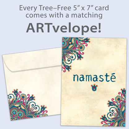 Front view of an All Occasion greeting card featuring 'Namaste' with detailed mandala artwork, with matching envelope artwork.