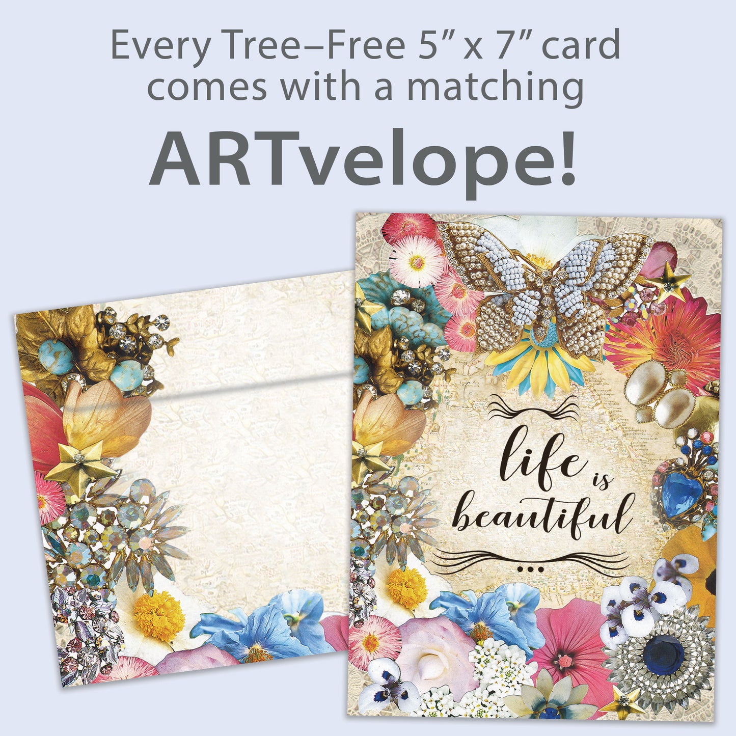 Front view of an All Occasion greeting card featuring the words 'Life is Beautiful' with a detailed illustration, with matching envelope artwork.
