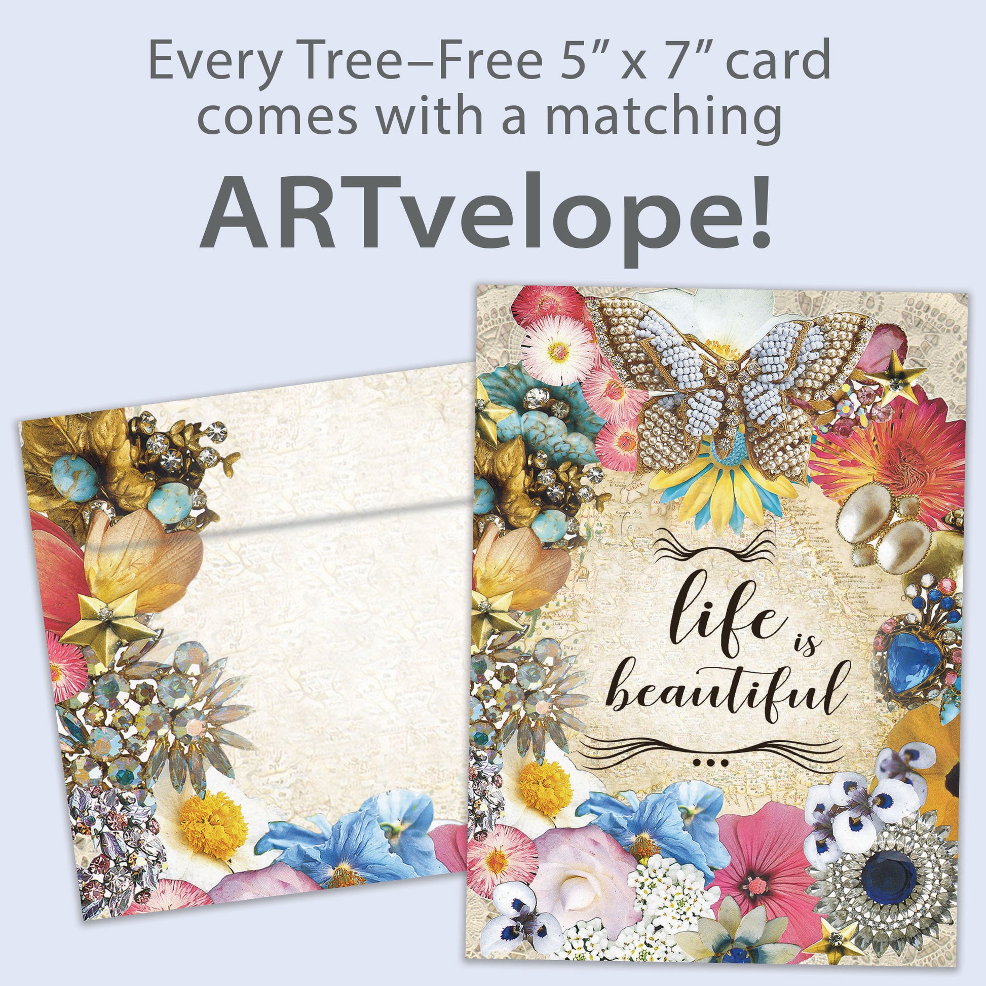 Front view of an All Occasion greeting card featuring the words 'Life is Beautiful' with a detailed illustration, with matching envelope artwork.