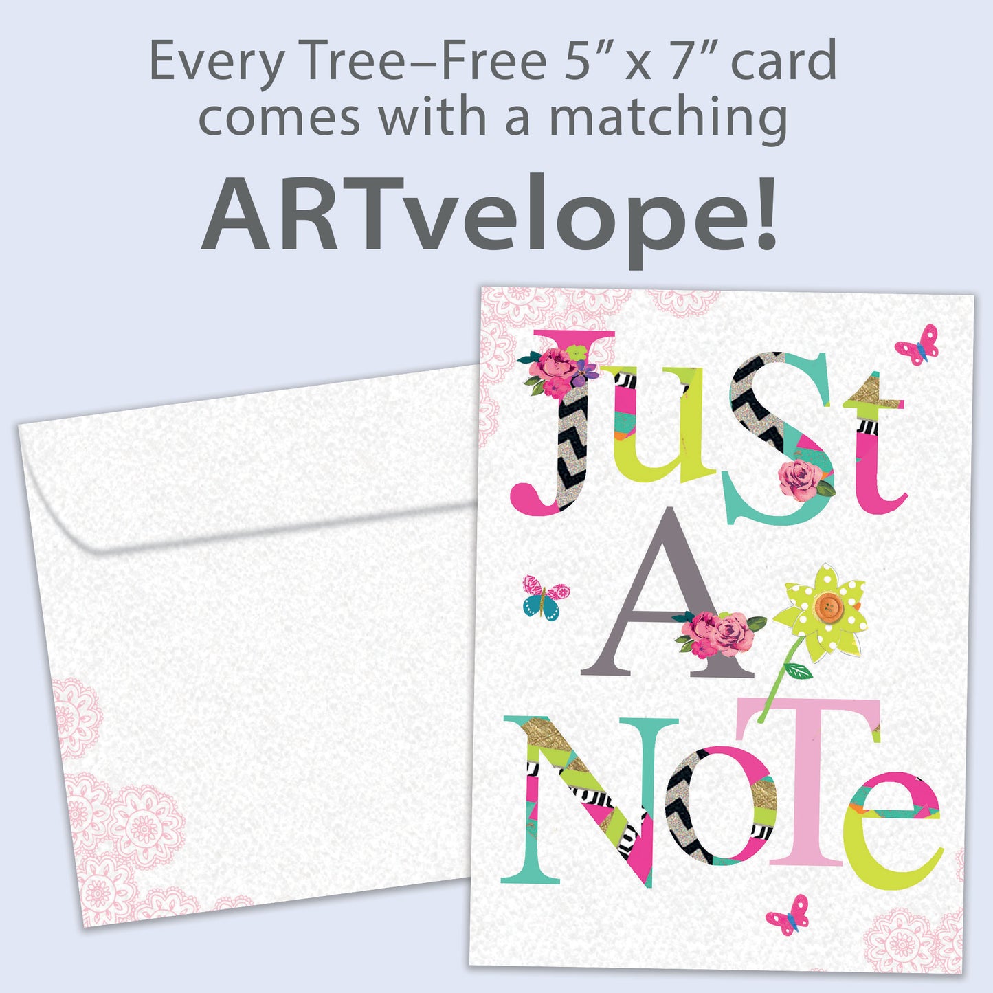 Front view of an All Occasion greeting card featuring a floral design and the words 'Just A Note,' with matching envelope artwork.