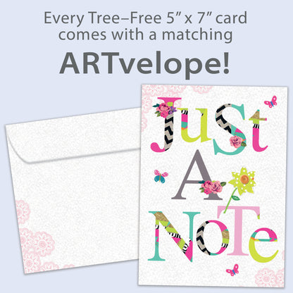 Front view of an All Occasion greeting card featuring a floral design and the words 'Just A Note,' with matching envelope artwork.