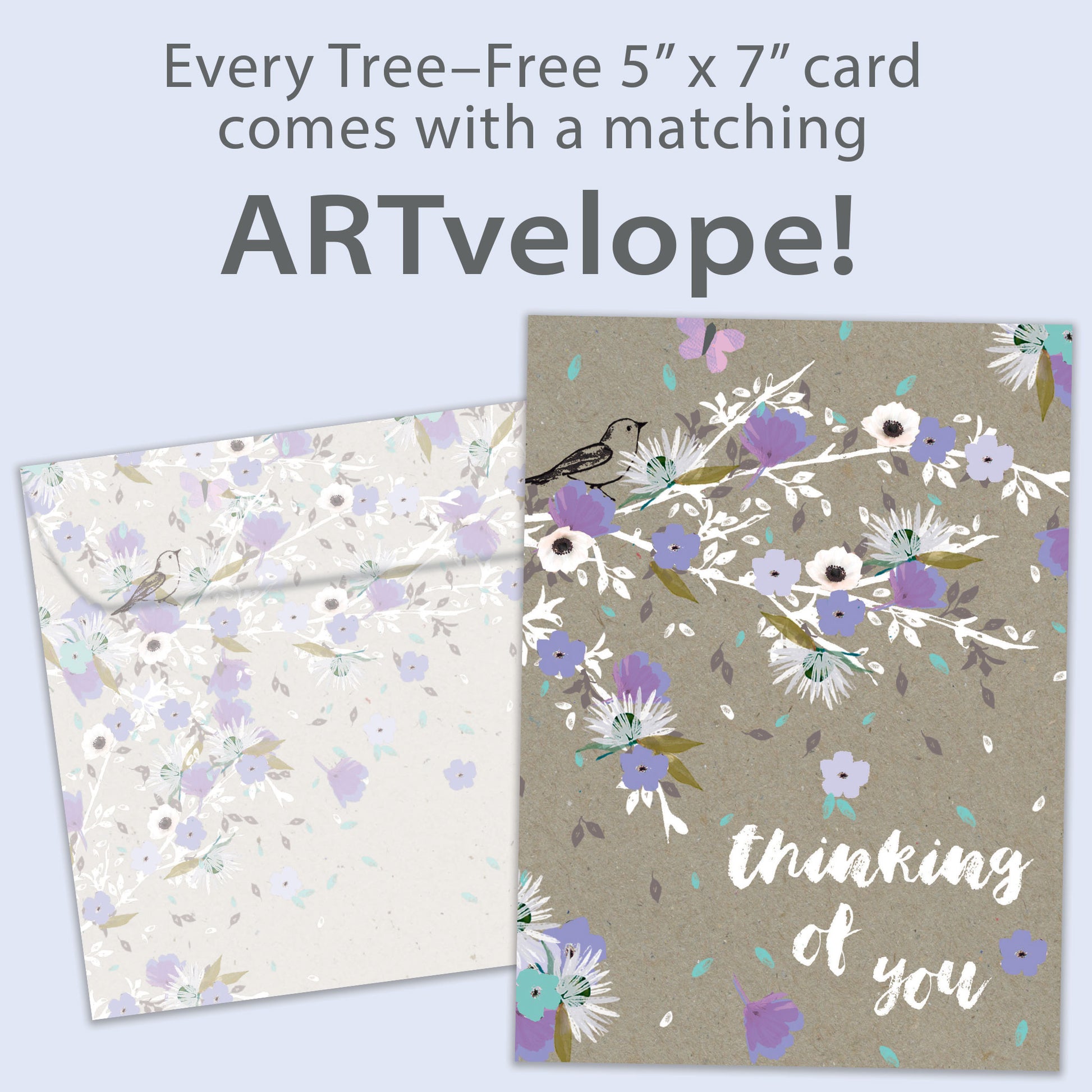 Front view of an All Occasion greeting card featuring purple flowers and the words 'Thinking of You,' with matching envelope artwork.
