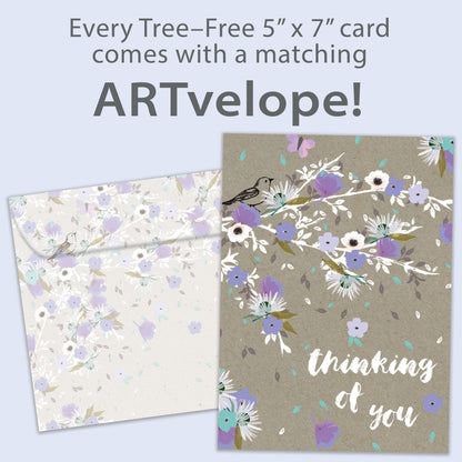 Front view of an All Occasion greeting card featuring purple flowers and the words 'Thinking of You,' with matching envelope artwork.