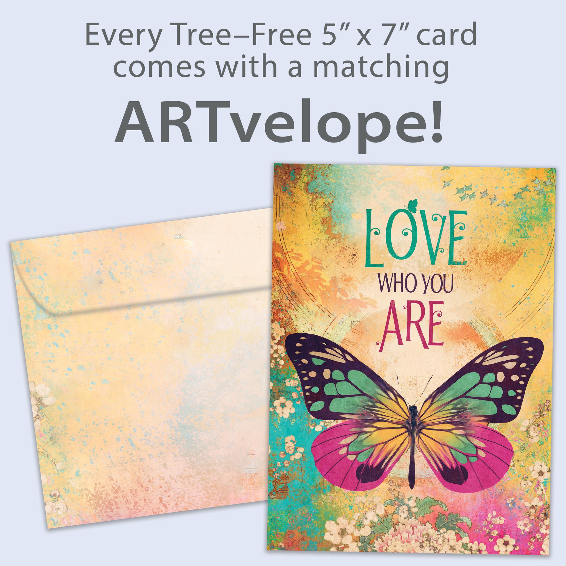 Front view of an All Occasion greeting card featuring a beautifully illustrated butterfly and the message 'Love Who You Are,' with matching envelope artwork.