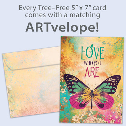 Front view of an All Occasion greeting card featuring a beautifully illustrated butterfly and the message 'Love Who You Are,' with matching envelope artwork.