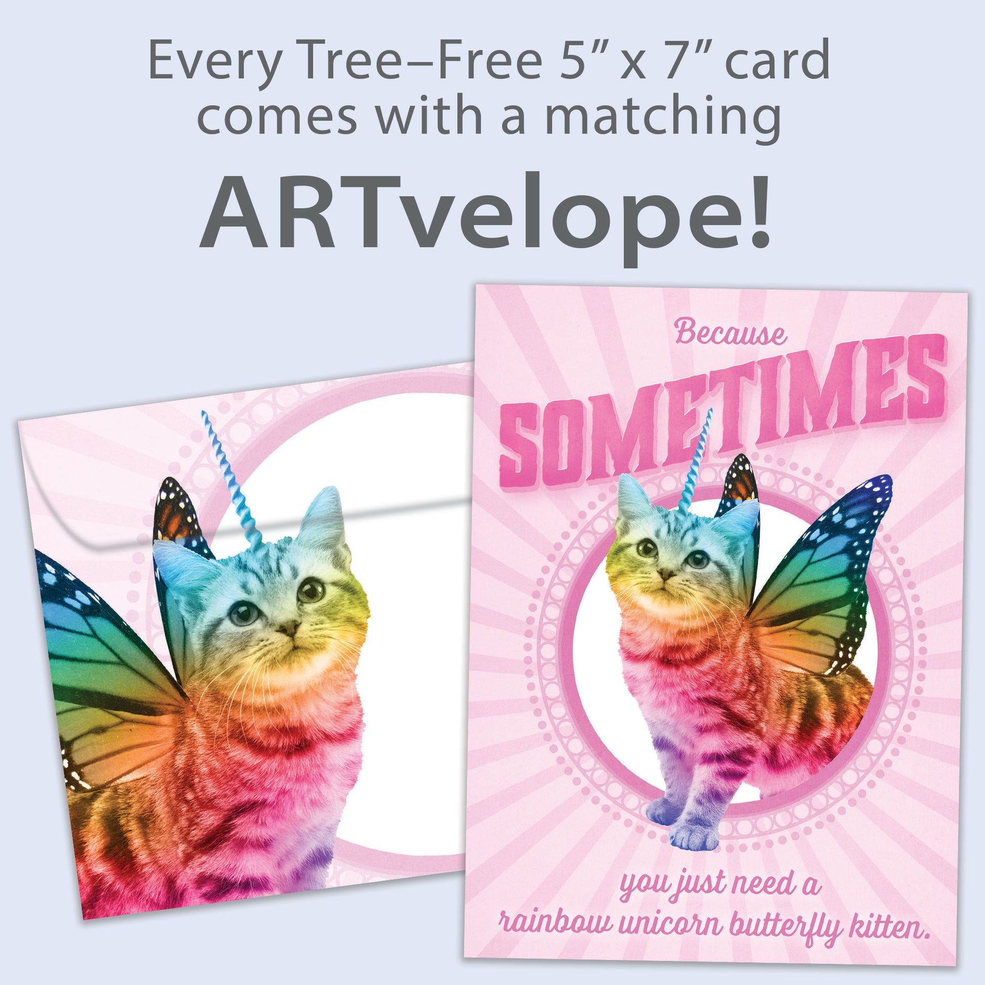 Front view of an All Occasion greeting card featuring a unicorn kitten with butterfly wings and rainbow colours, with matching envelope artwork.