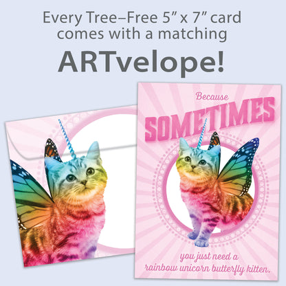 Front view of an All Occasion greeting card featuring a unicorn kitten with butterfly wings and rainbow colours, with matching envelope artwork.