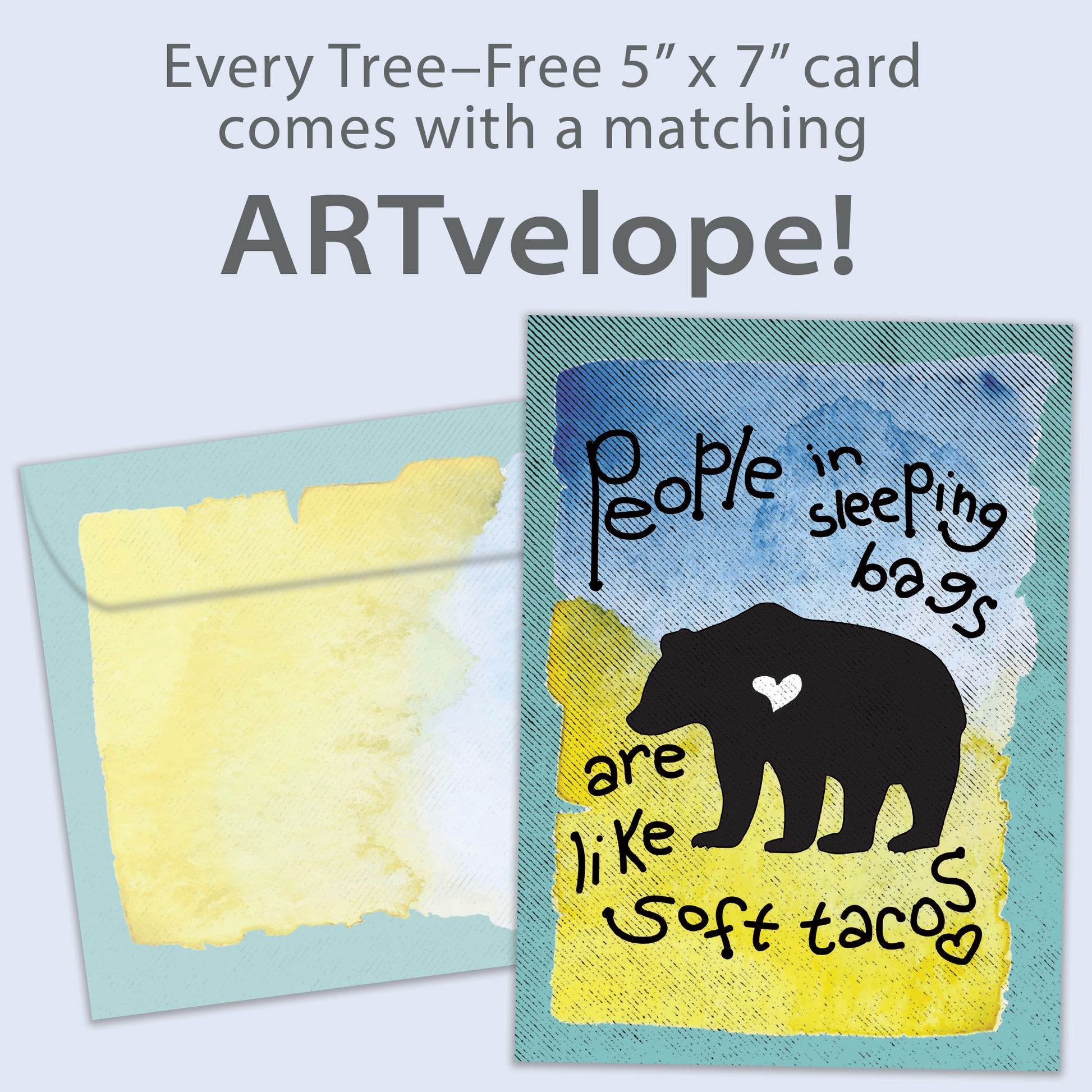 Front view of an All Occasion greeting card featuring a bear silhouette and a message, with matching envelope artwork.