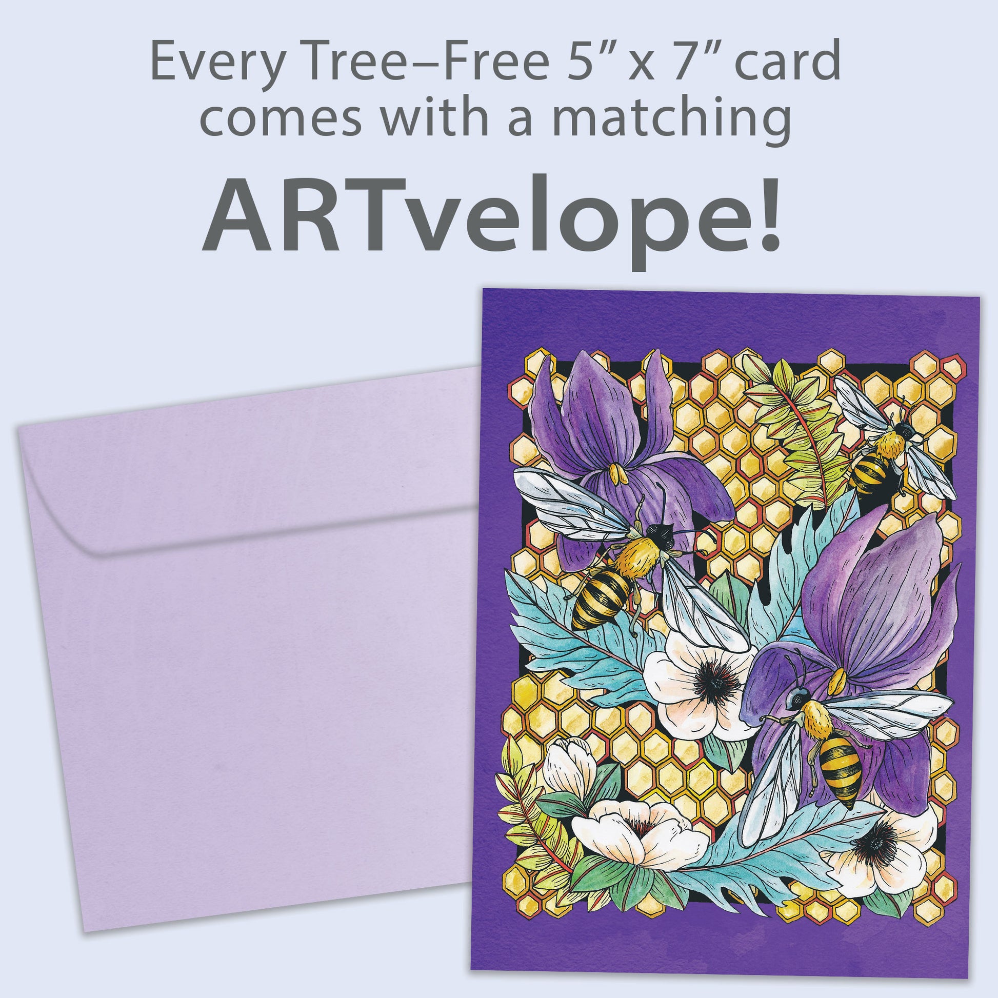 Front view of an All Occasion greeting card featuring honeycomb, bees, and flowers, with matching envelope artwork.