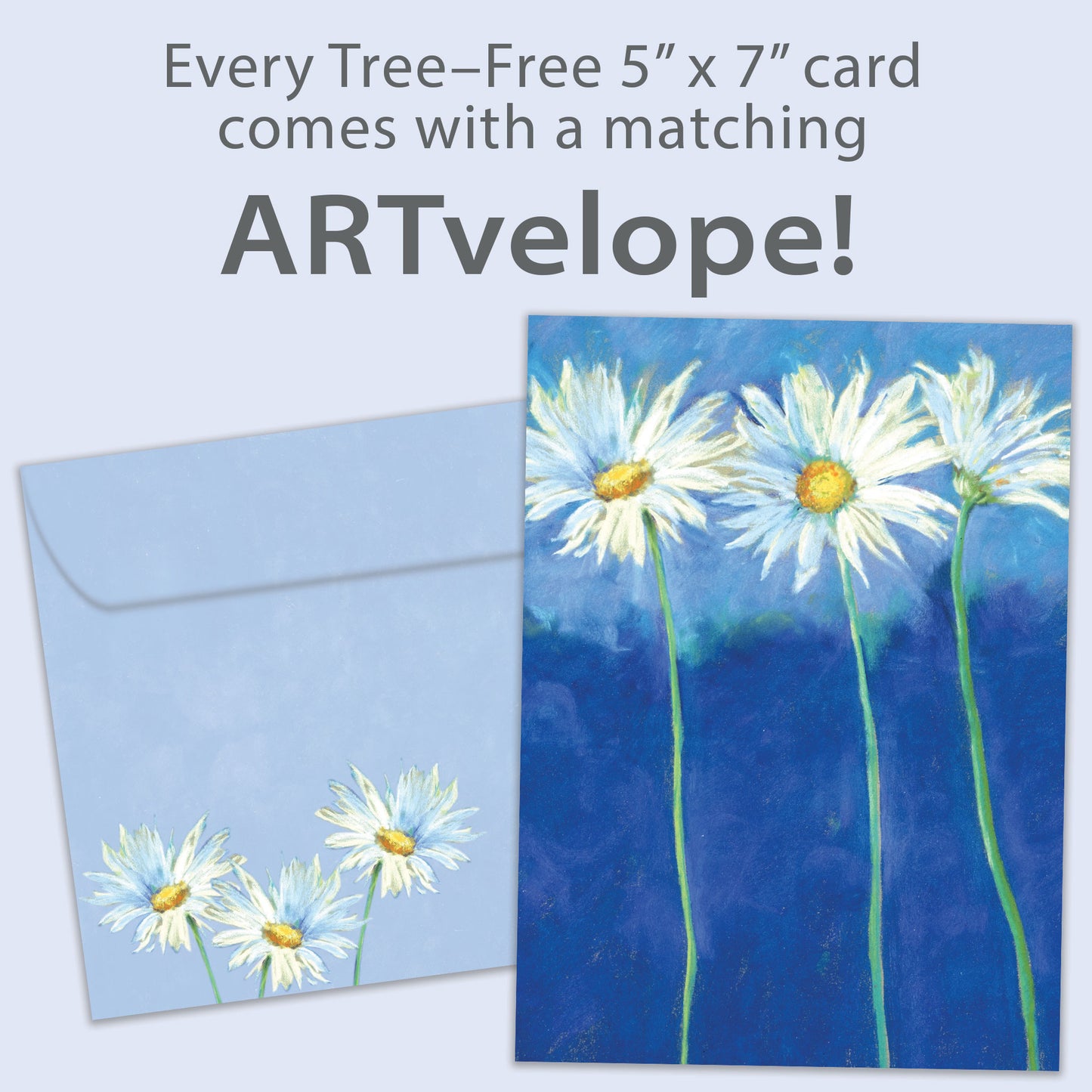 Front view of an All Occasion greeting card featuring daisies on a blue background, with matching envelope artwork.