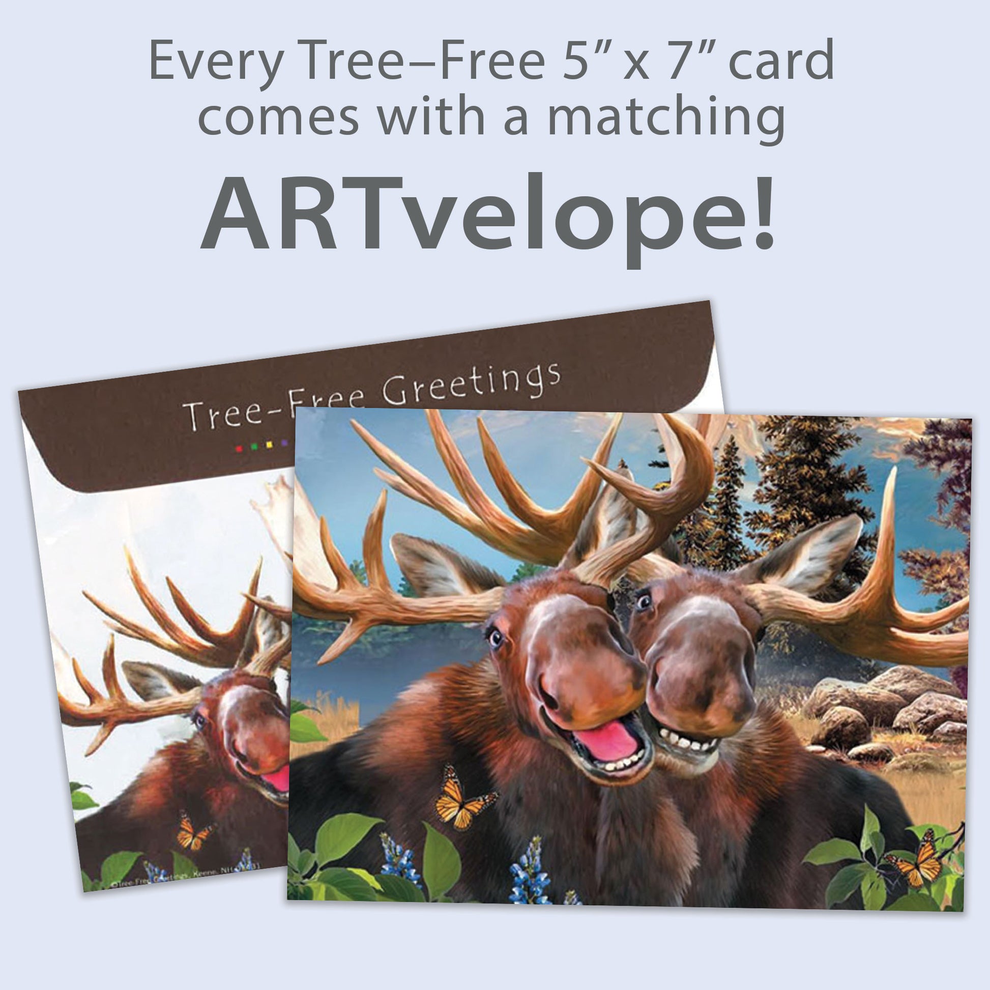 Front view of an All Occasion greeting card featuring two smiling moose, with matching envelope artwork.