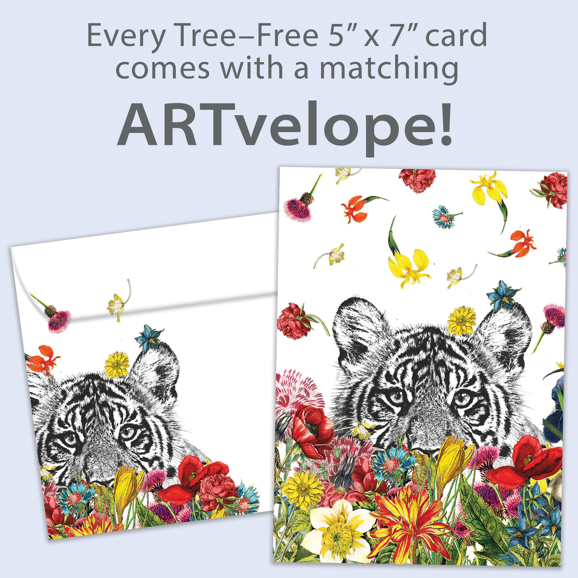 Front view of an All Occasion greeting card featuring a tiger surrounded by flowers, with matching envelope artwork.