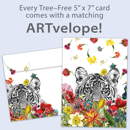 Front view of an All Occasion greeting card featuring a tiger surrounded by flowers, with matching envelope artwork.