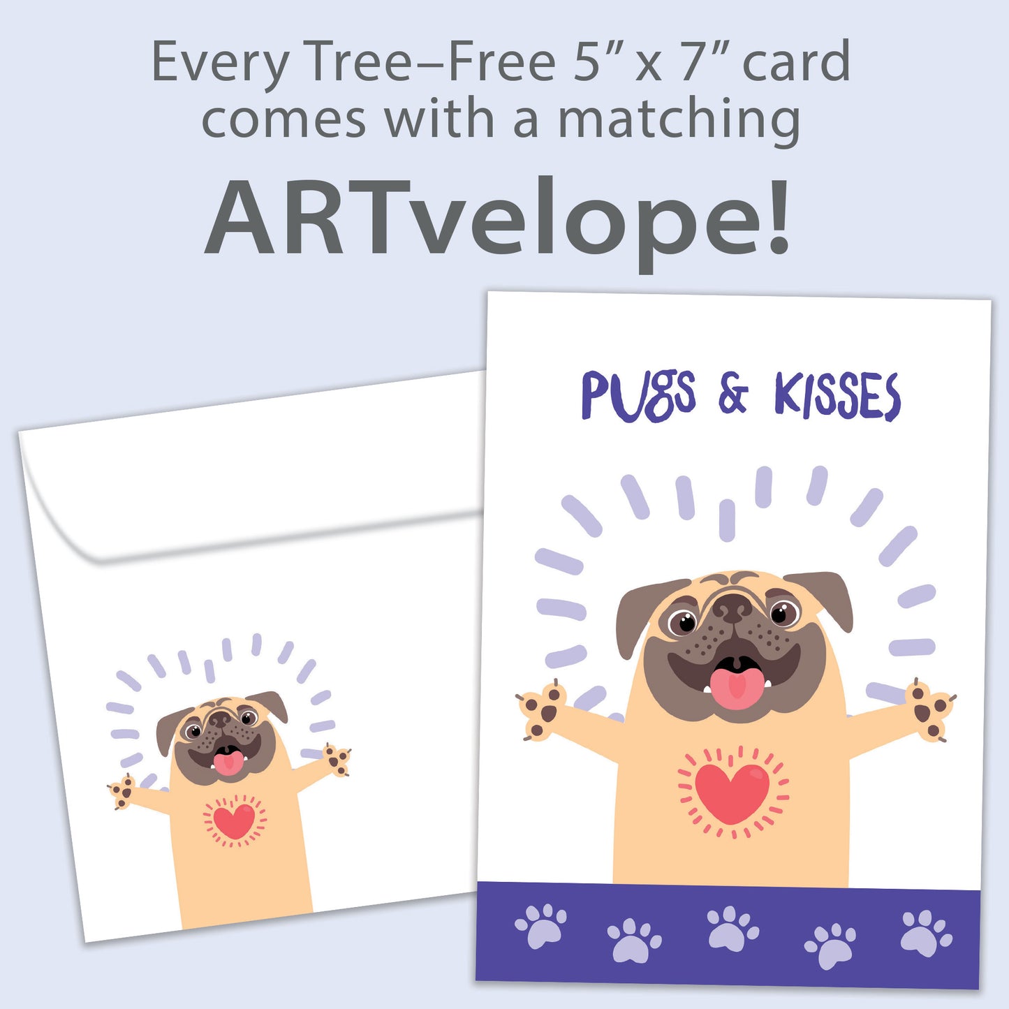 Front view of an All Occasion greeting card featuring a pug illustration and the words 'pugs & kisses,' with matching envelope artwork.