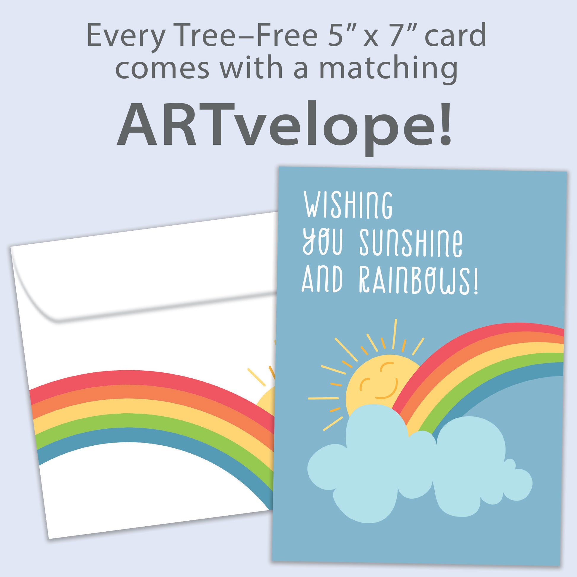 Front view of an All Occasion greeting card featuring a sun and rainbow with a nice message, with matching envelope artwork.