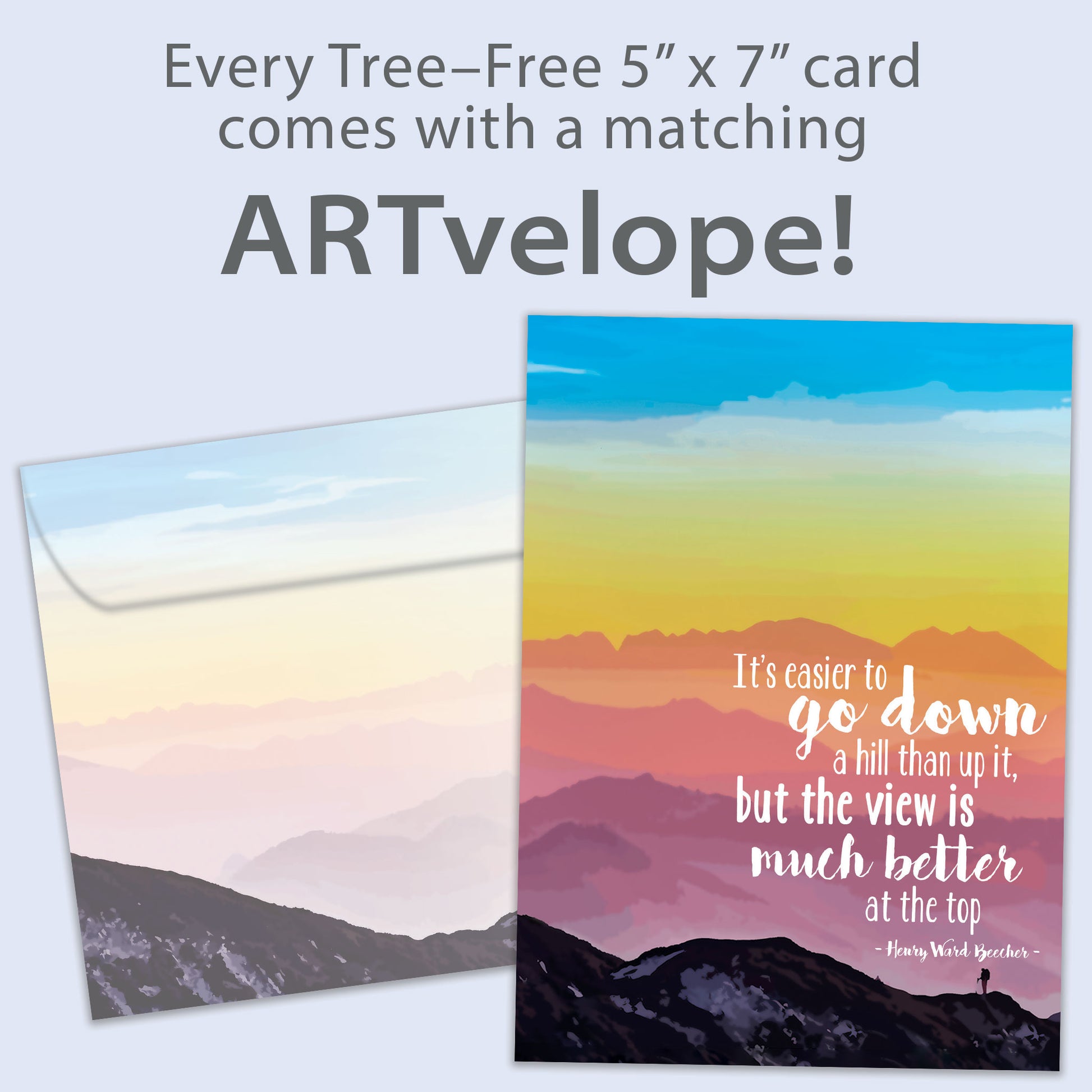 Front view of an All Occasion greeting card with a person climbing a mountain and an inspirational message about the view from the top, highlighting its eco-friendly materials and made in Canada