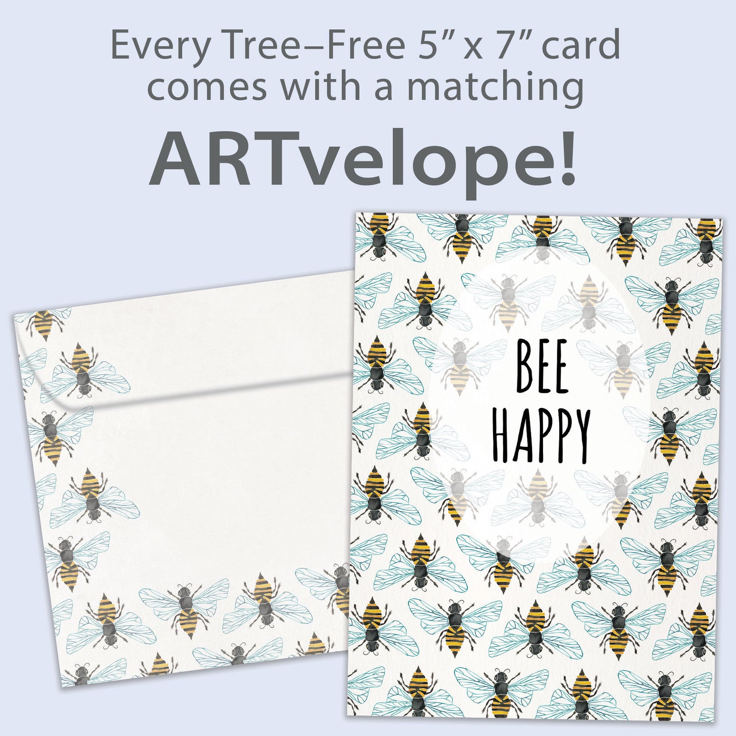 Front view of an All Occasion greeting card featuring bees and the message 'bee happy,' with matching envelope artwork.